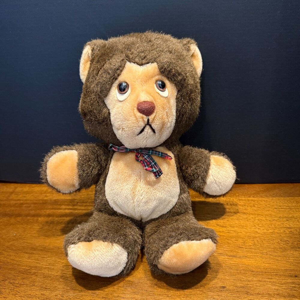 Vintage Brown "Sad Face" Teddy Bear Plush - Plaid Bow 9"